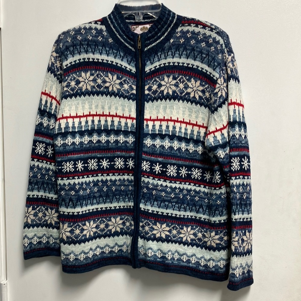 Tiara International Sweater Full Zip Up Fair Isle Colorful Size Large